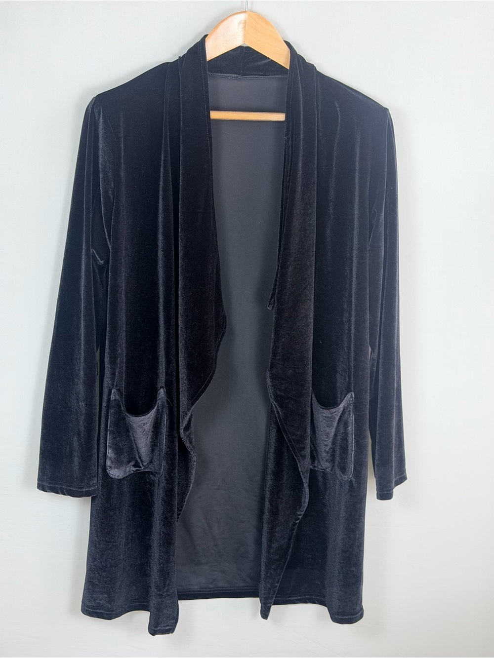 Black Velvet Open Front Cardigan Drape Pocket Soft Stretch Size Large